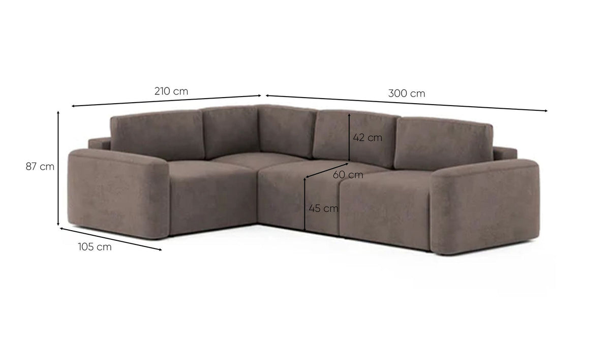 Braunes Ecksofa Mono Lilly links von Hanah Home mit Buchenholzgestell, Kunststoffbeinen und Sitzhöhe 45 cm im Wohnzimmer präsentiert.