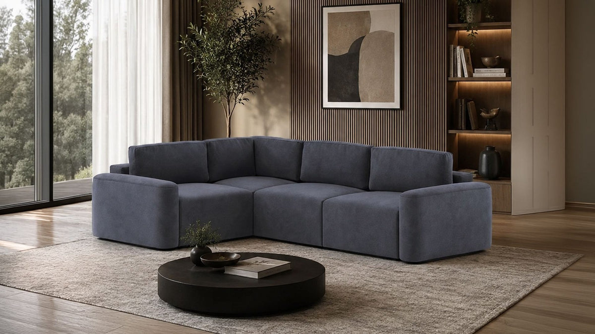Petrolblaues Ecksofa Mono Lilly links von Hanah Home mit Gestell aus Buchenholz und Spanplatte, Kunststofffüsse, Sitzhöhe 45 cm.