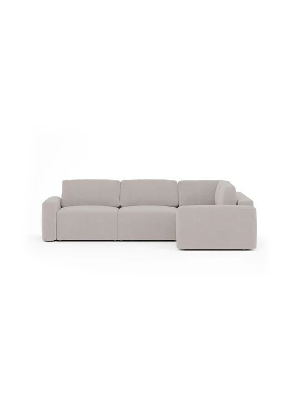 Ecksofa Mono Lilly rechts in Ecru mit Buchenholzgestell, gepolsterten Sitzkissen aus Schaumstoff und Kunststofffüssen, Sitzhöhe 45 Zentimeter.