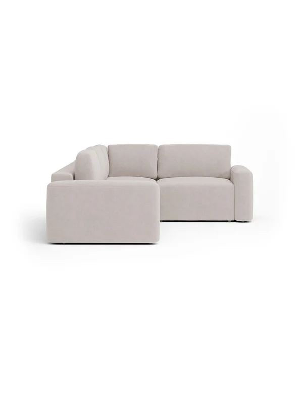 Ecksofa Mono Lilly rechts in Ecru mit Buchenholzgestell, gepolsterten Sitzkissen aus Schaumstoff und Kunststofffüssen, Sitzhöhe 45 Zentimeter.