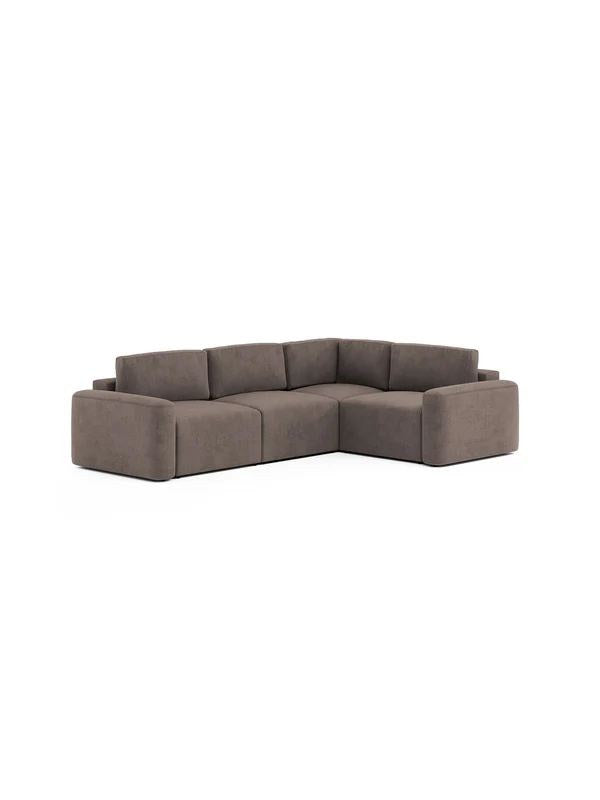 Braunes Ecksofa rechts der Mono Lilly Serie von Hanah Home mit Gestell aus Buchenholz und Spanplatte, Kunststoffbeinen und Polsterung.