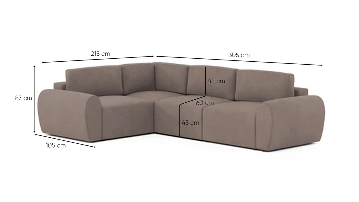 Braunes Ecksofa Mono P von Hanah Home mit Buchenholzgestell, Kunststoffbeinen und gepolsterten Sitz- und Rückenkissen, Ansicht von vorne.