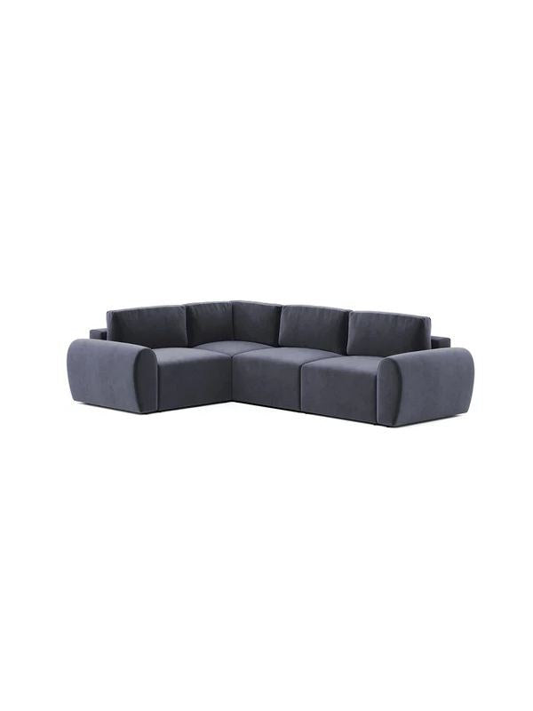 Petrolblaues Ecksofa mit Buchenholzgestell, Kunststoffbeinen und gepolsterten Sitzkissen, links ausgerichtet, Frontalansicht.