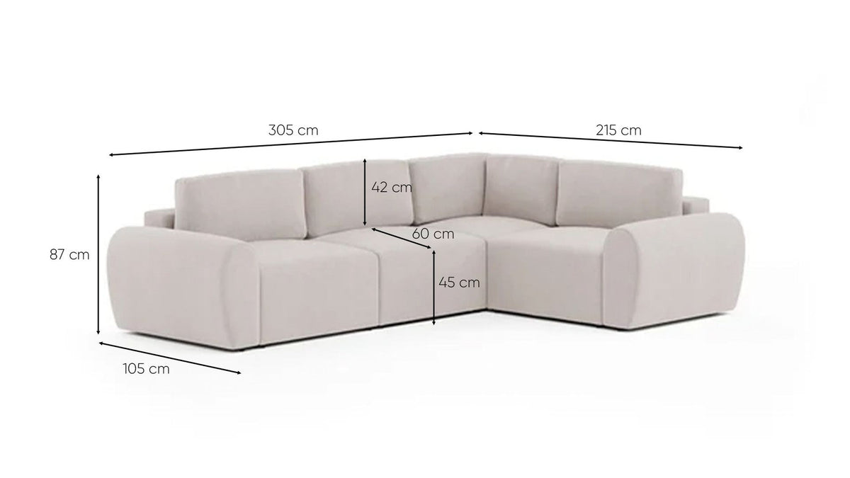 Ecksofa Mono P rechts in Ecru mit Buchenholzgestell, Kunststoffbeinen und gepolsterten Sitzflächen, Ansicht von vorne.