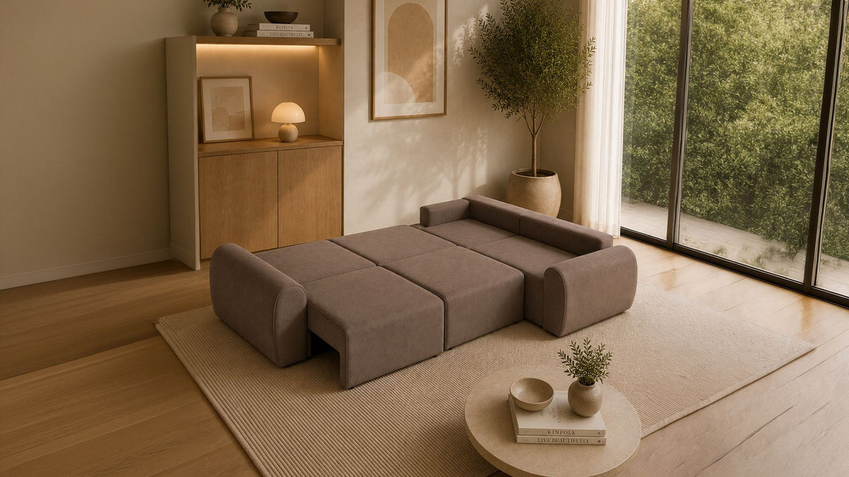 Braunes Ecksofa rechts mit Kunststoffbeinen, Gestell aus Buchenholz und Spanplatte, gepolstert mit weichem Schaumstoff, Sitzhöhe 45 cm.