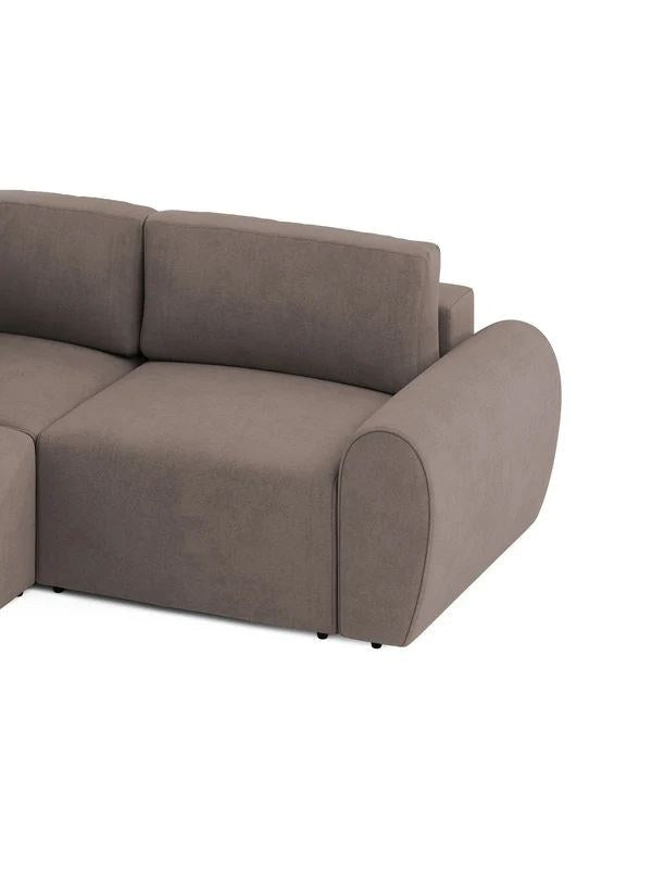 Braunes Ecksofa rechts mit Kunststoffbeinen, Gestell aus Buchenholz und Spanplatte, gepolstert mit weichem Schaumstoff, Sitzhöhe 45 cm.
