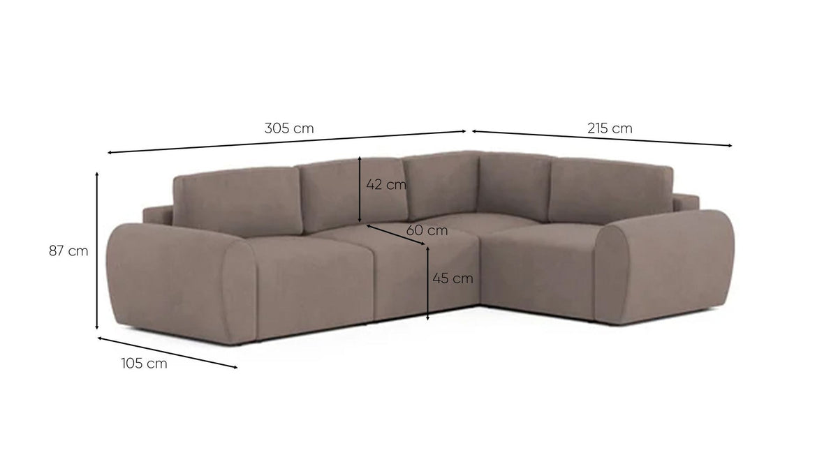 Braunes Ecksofa rechts mit Kunststoffbeinen, Gestell aus Buchenholz und Spanplatte, gepolstert mit weichem Schaumstoff, Sitzhöhe 45 cm.