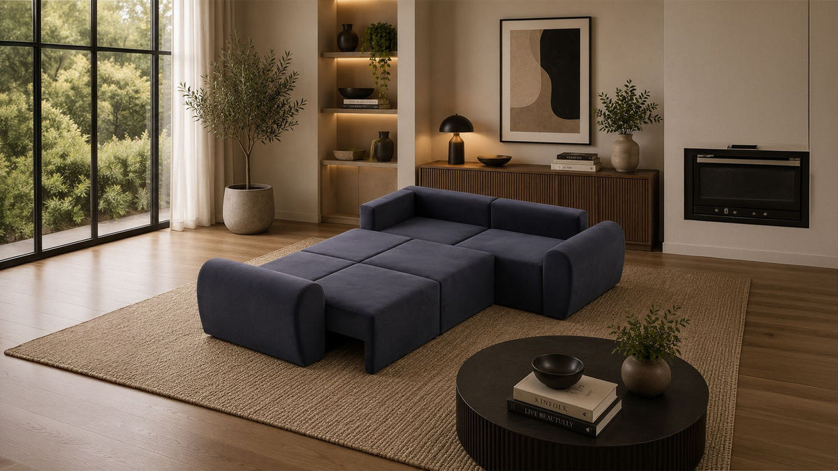 Ecksofa rechts in Petrolblau mit Buchenholzgestell, Spanplatte und Kunststoffbeinen, Sitzhöhe 45 cm, von Hanah Home.