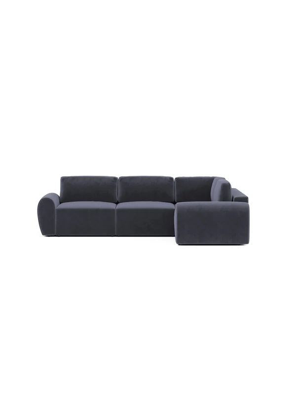 Ecksofa rechts in Petrolblau mit Buchenholzgestell, Spanplatte und Kunststoffbeinen, Sitzhöhe 45 cm, von Hanah Home.
