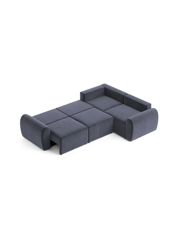 Ecksofa rechts in Petrolblau mit Buchenholzgestell, Spanplatte und Kunststoffbeinen, Sitzhöhe 45 cm, von Hanah Home.