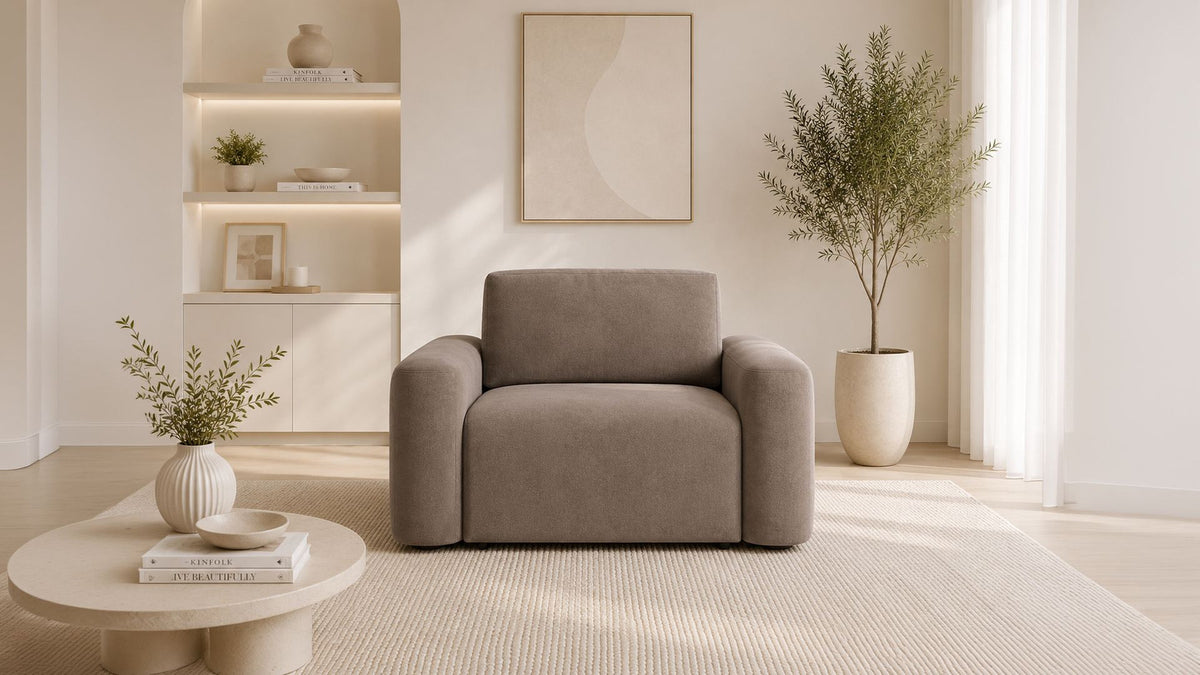 Braunes 1-Sitzer Sofa Mono Lily von Hanah Home mit Buchenholzgestell, Schaumstoffpolster und Kunststoffbeinen, Sitzhöhe 45 cm.
