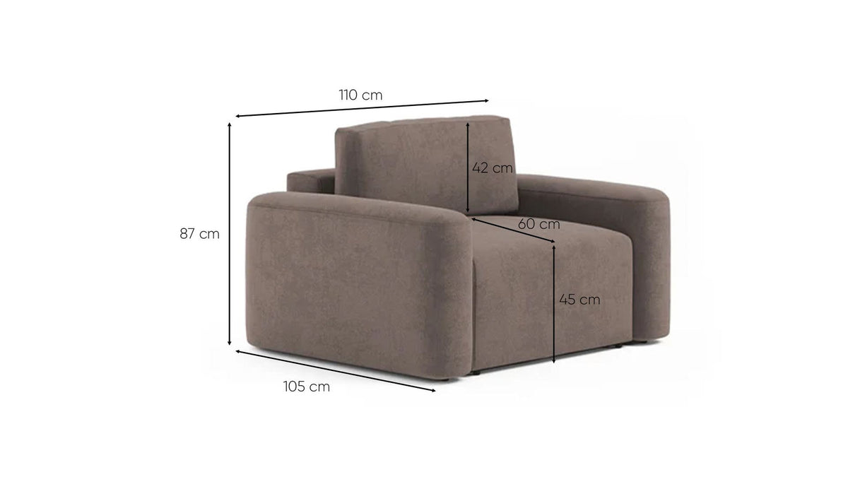Braunes 1-Sitzer Sofa Mono Lily von Hanah Home mit Buchenholzgestell, Schaumstoffpolster und Kunststoffbeinen, Sitzhöhe 45 cm.