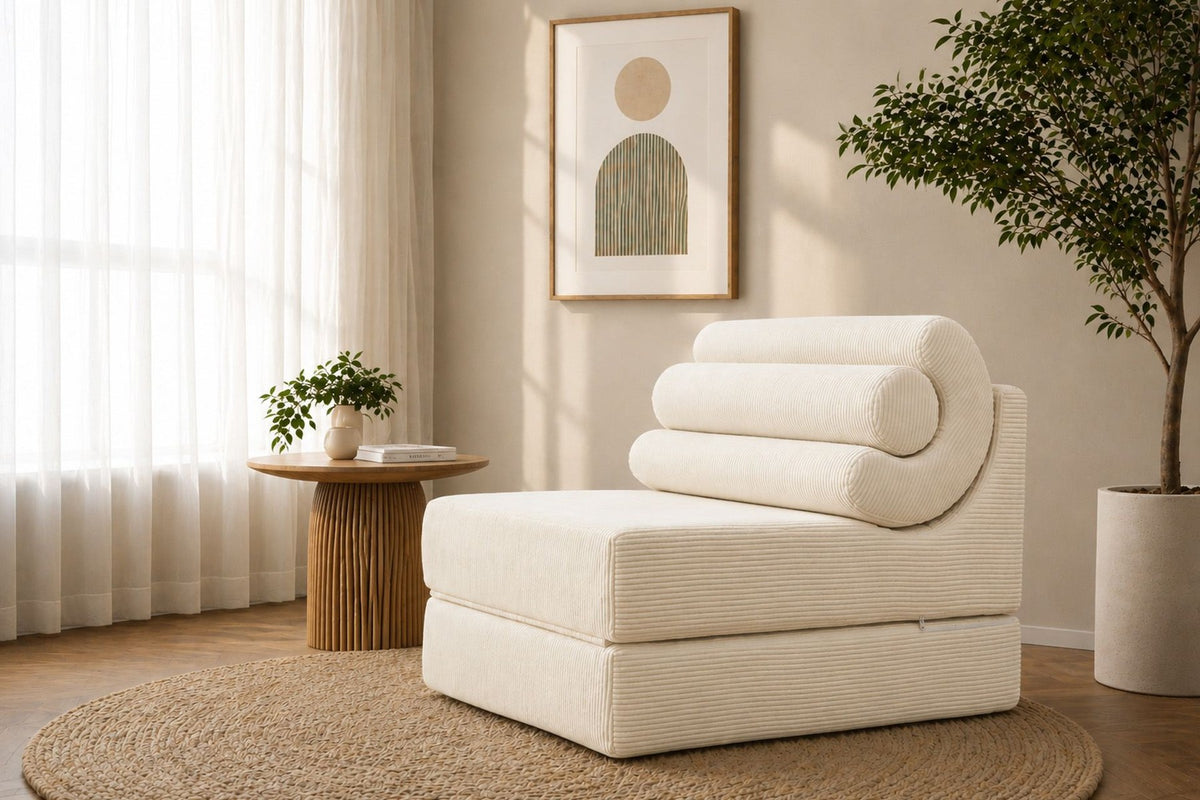 Weisses 1-Sitzer Schlafsofa Duo Relax von Hanah Home aus 28 DNS Schaumstoff, kompakte Form ohne Gestell, nutzbar als Sofa oder ausklappbares Bett.