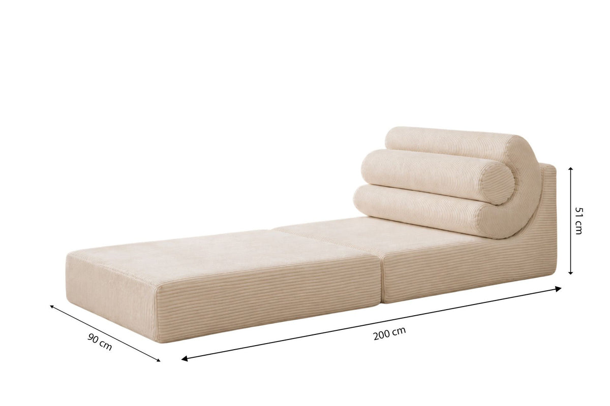 Weisses 1-Sitzer Schlafsofa Duo Relax von Hanah Home aus 28 DNS Schaumstoff, kompakte Form ohne Gestell, nutzbar als Sofa oder ausklappbares Bett.