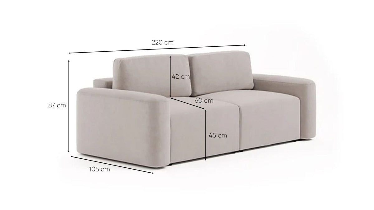 Ecrufarbenes 3-Sitzer Sofa Mono Lilly mit Gestell aus Buchenholz und Spanplatte, Kunststoffbeinen und gepolsterten Sitzkissen.