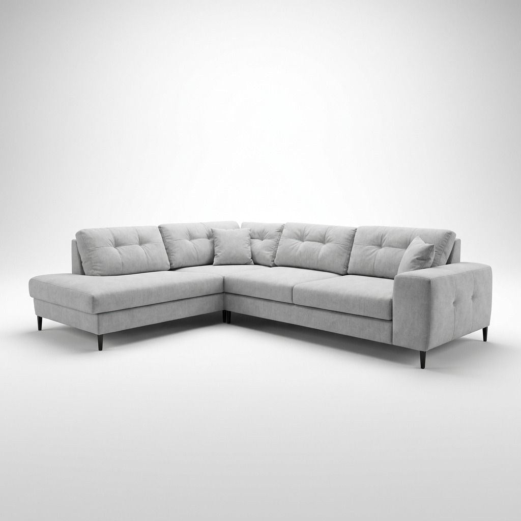 Foto des Maddison Ecksofa links in Ecru von Hanah Home: Sofa mit Polyesterbezug, Buchenholzgestell und Kunststoffbeinen im Wohnraum.