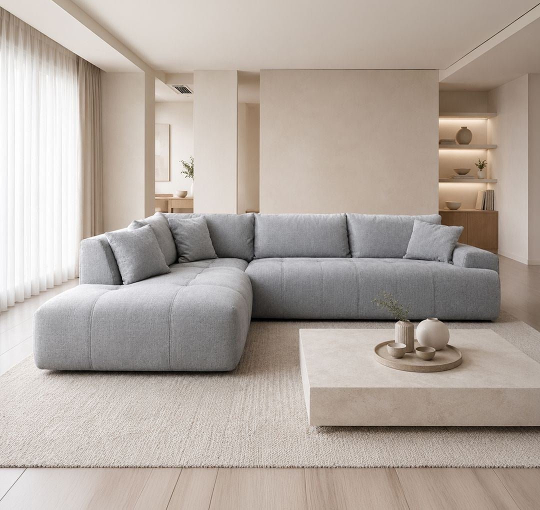 Ecksofa links Toledo von Hanah Home in Farbe Ecru mit Polyesterbezug, Gestell aus Buchenholz und Spanplatte, Kunststoffbeinen