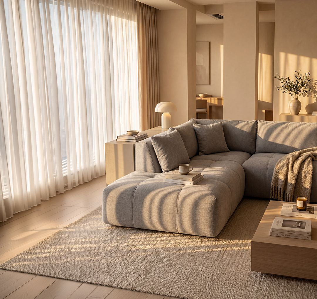 Ecksofa links Toledo von Hanah Home in Farbe Ecru mit Polyesterbezug, Gestell aus Buchenholz und Spanplatte, Kunststoffbeinen