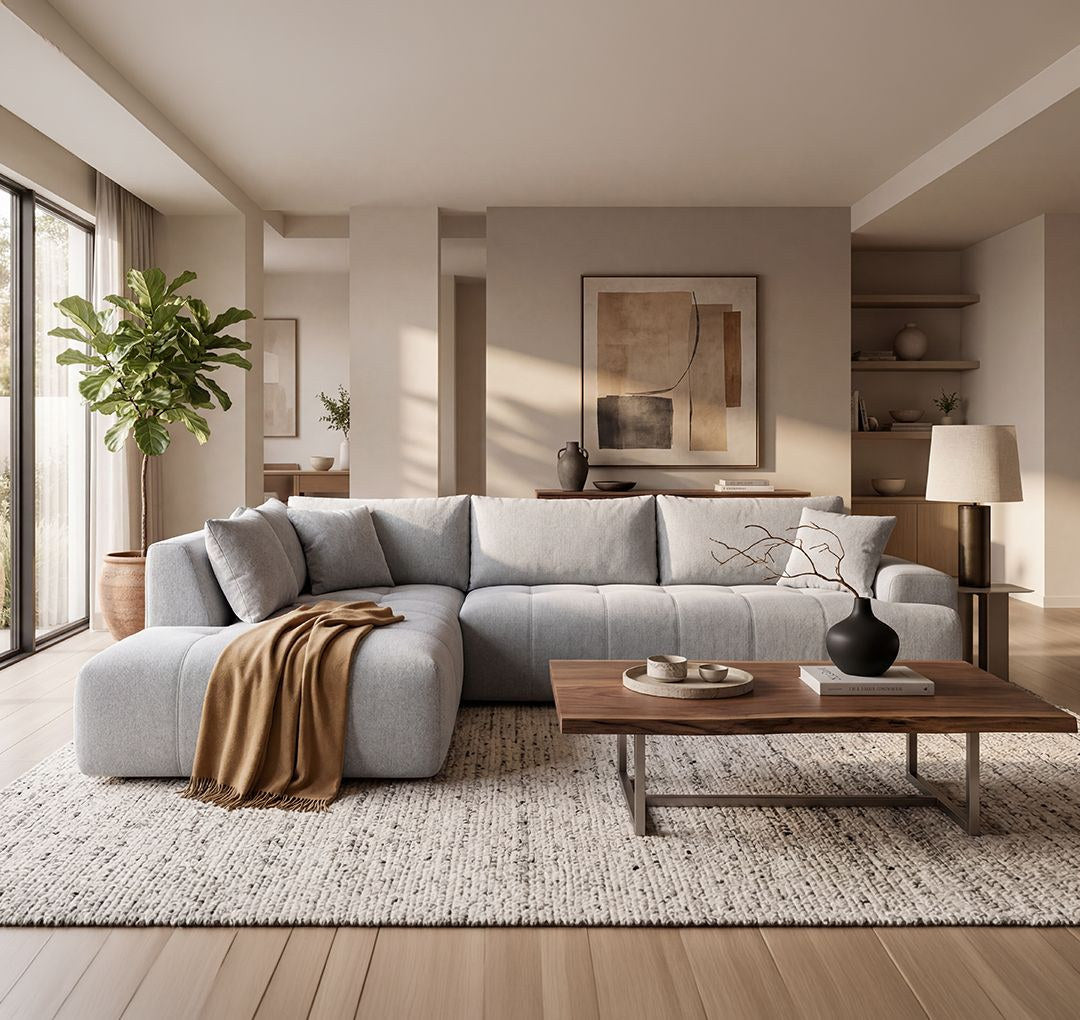 Ecksofa links Toledo von Hanah Home in Farbe Ecru mit Polyesterbezug, Gestell aus Buchenholz und Spanplatte, Kunststoffbeinen