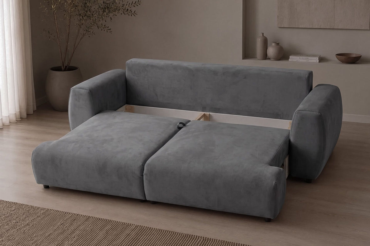 Graues 3-Sitzer Schlafsofa Arthur von Hanah Home mit Polyesterbezug, Buchenholzgestell und Kunststoffbeinen, zwei Kissen auf der Sitzfläche