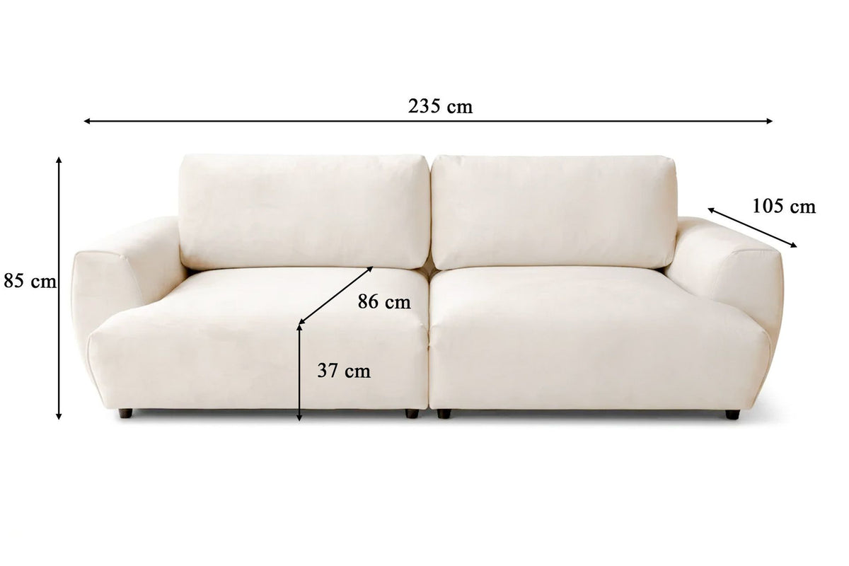 Cremefarbenes 3-Sitzer Schlafsofa Arthur aus Polyesterstoff mit Buchenholzgestell, Kunststoffbeinen und verstellbarer Rückenlehne, zwei Kissen inklusive.