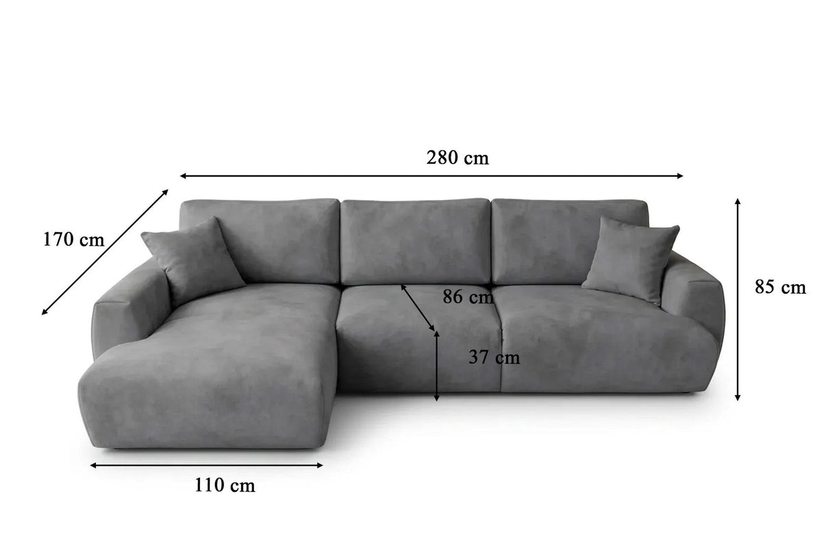 Graues Ecksofa Arthur mit Schlaffunktion, Gestell aus Buchenholz und Spanplatte, Bezug aus Polyester, Kunststoffbeine, zwei Kissen sichtbar.