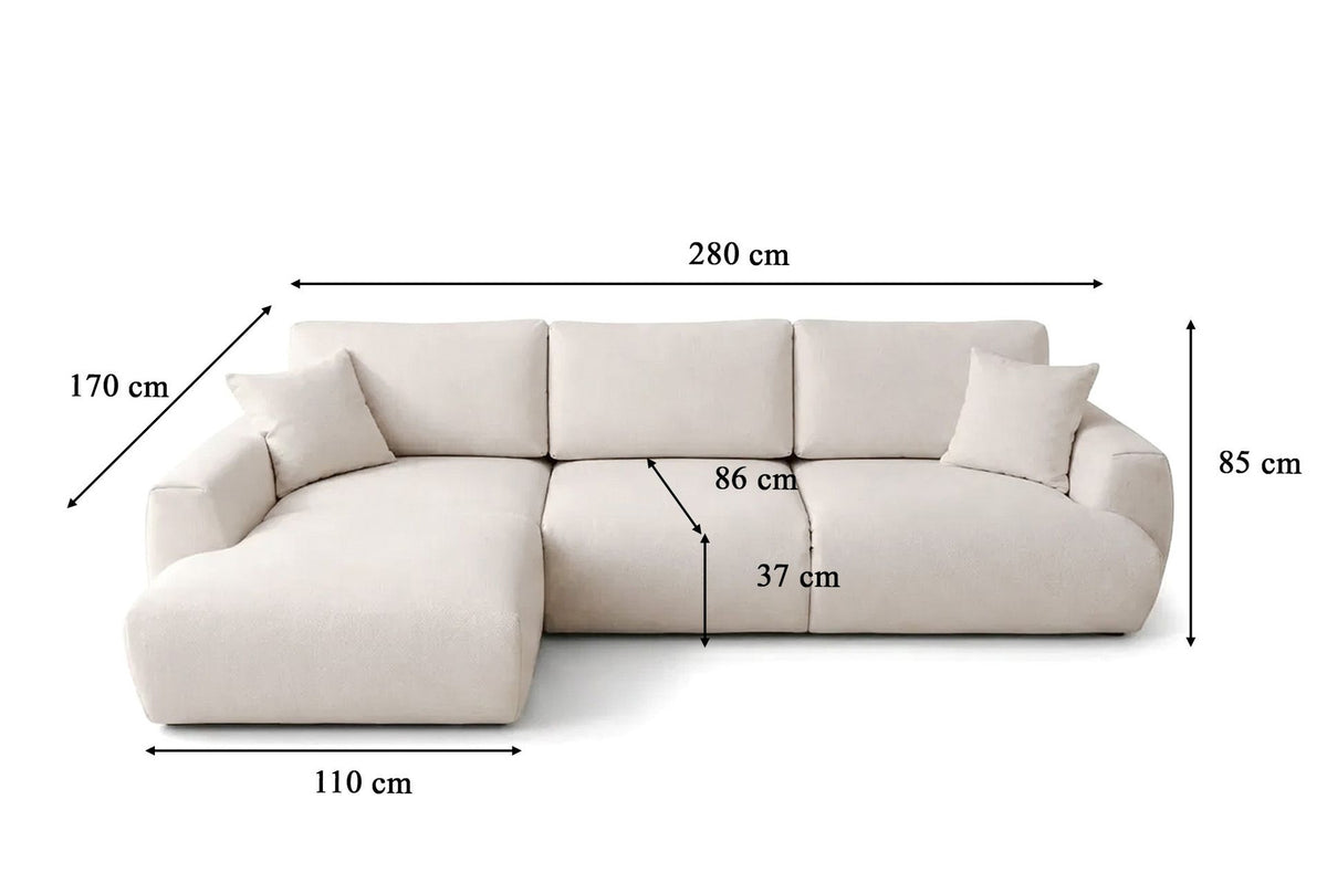 Ecru-farbenes Ecksofa links mit Schlaffunktion, Bezug aus Polyester, Gestell aus Buchenholz und Spanplatte, Kunststoffbeine, zwei Kissen.