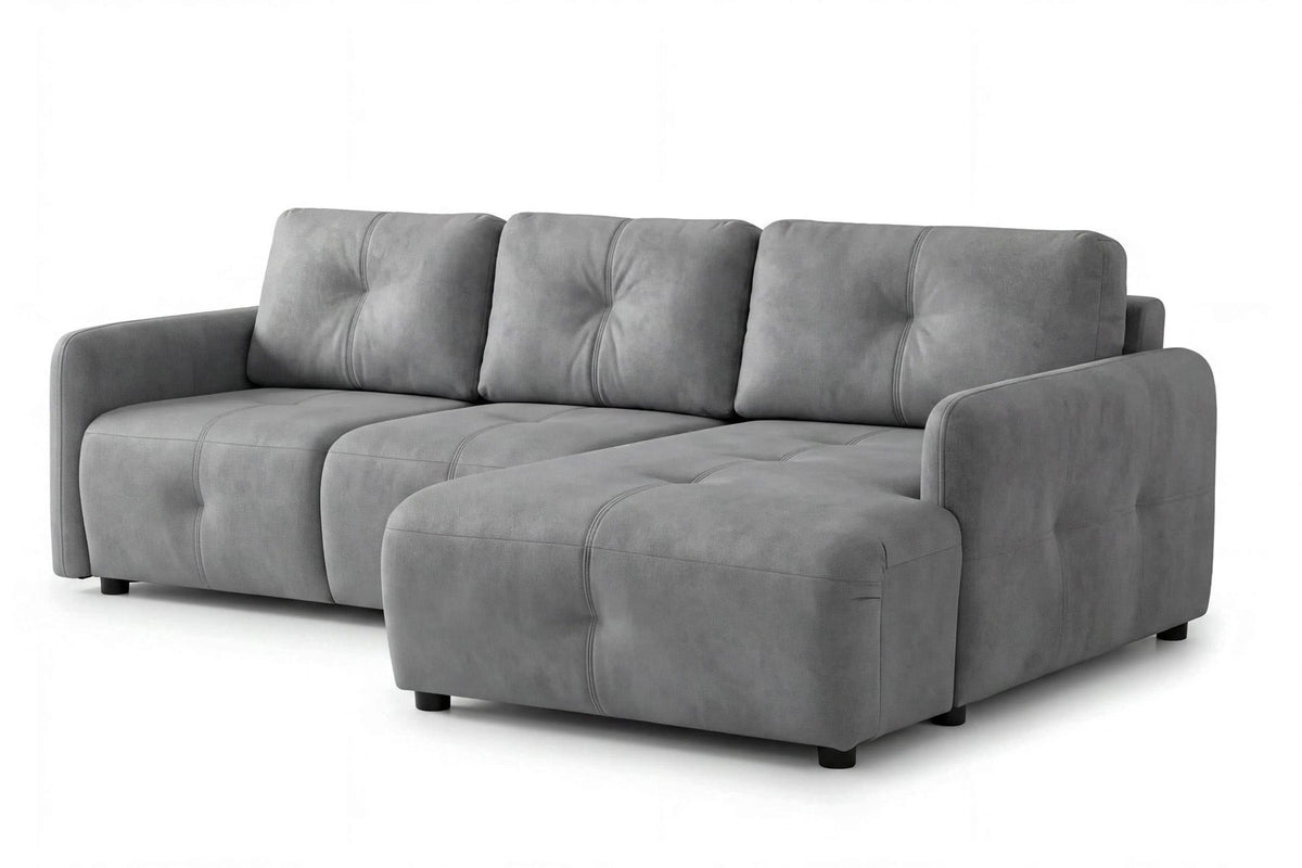 Graues Eck-Schlafsofa mit Polyesterbezug, Buchenholzgestell, Staufach unter der Sitzfläche und zwei Kissen, rechts ausgerichtet.