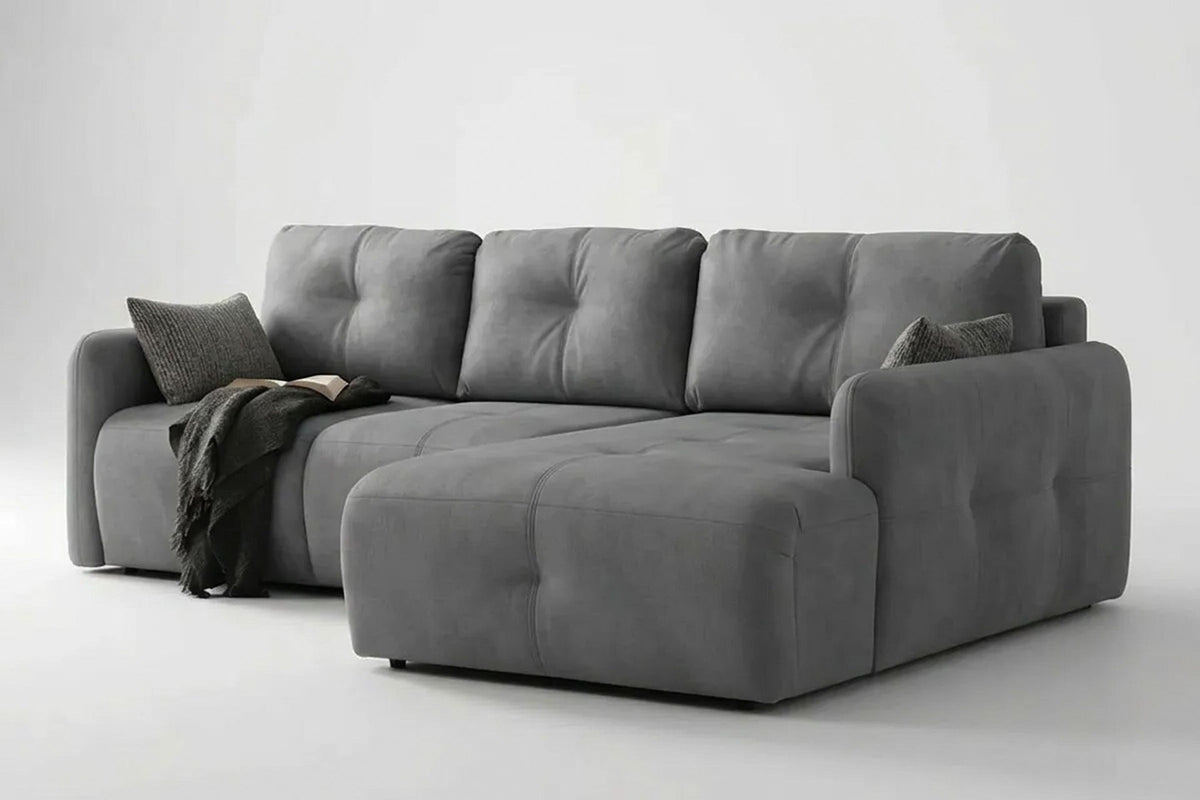 Graues Eck-Schlafsofa mit Polyesterbezug, Buchenholzgestell, Staufach unter der Sitzfläche und zwei Kissen, rechts ausgerichtet.