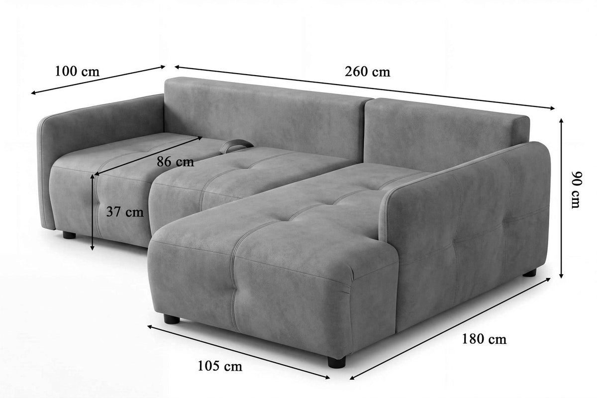 Graues Eck-Schlafsofa mit Polyesterbezug, Buchenholzgestell, Staufach unter der Sitzfläche und zwei Kissen, rechts ausgerichtet.