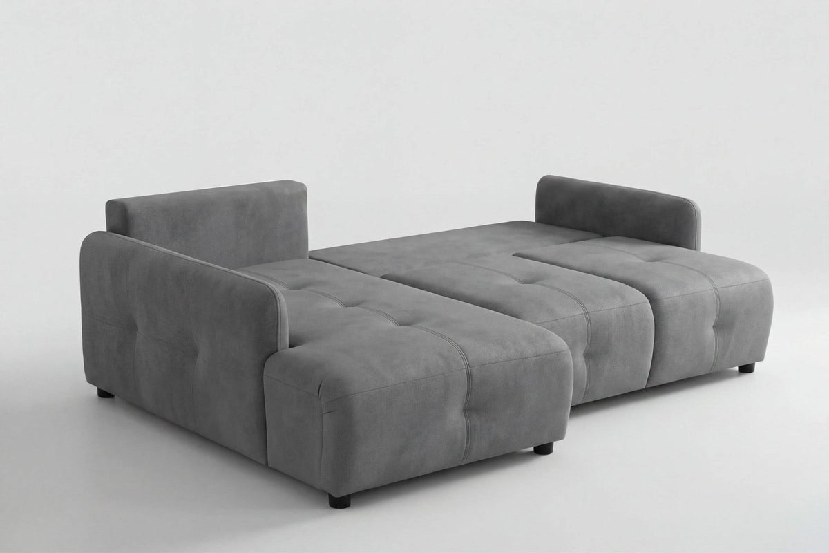 Graues Eck-Schlafsofa links von Hanah Home mit Polyesterbezug, Buchenholzgestell, zwei Kissen und sichtbarem Staufach unter der Sitzfläche.