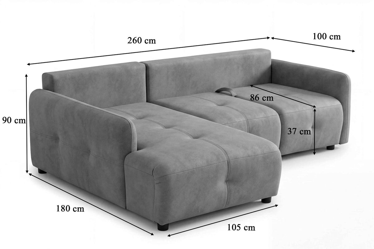 Graues Eck-Schlafsofa links von Hanah Home mit Polyesterbezug, Buchenholzgestell, zwei Kissen und sichtbarem Staufach unter der Sitzfläche.