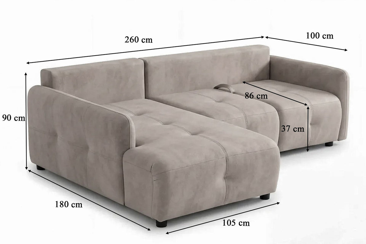 Beiges Eck-Schlafsofa mit Polyesterbezug, Buchenholzgestell, Kunststoffbeinen und zwei losen Kissen, links ausgerichtet.