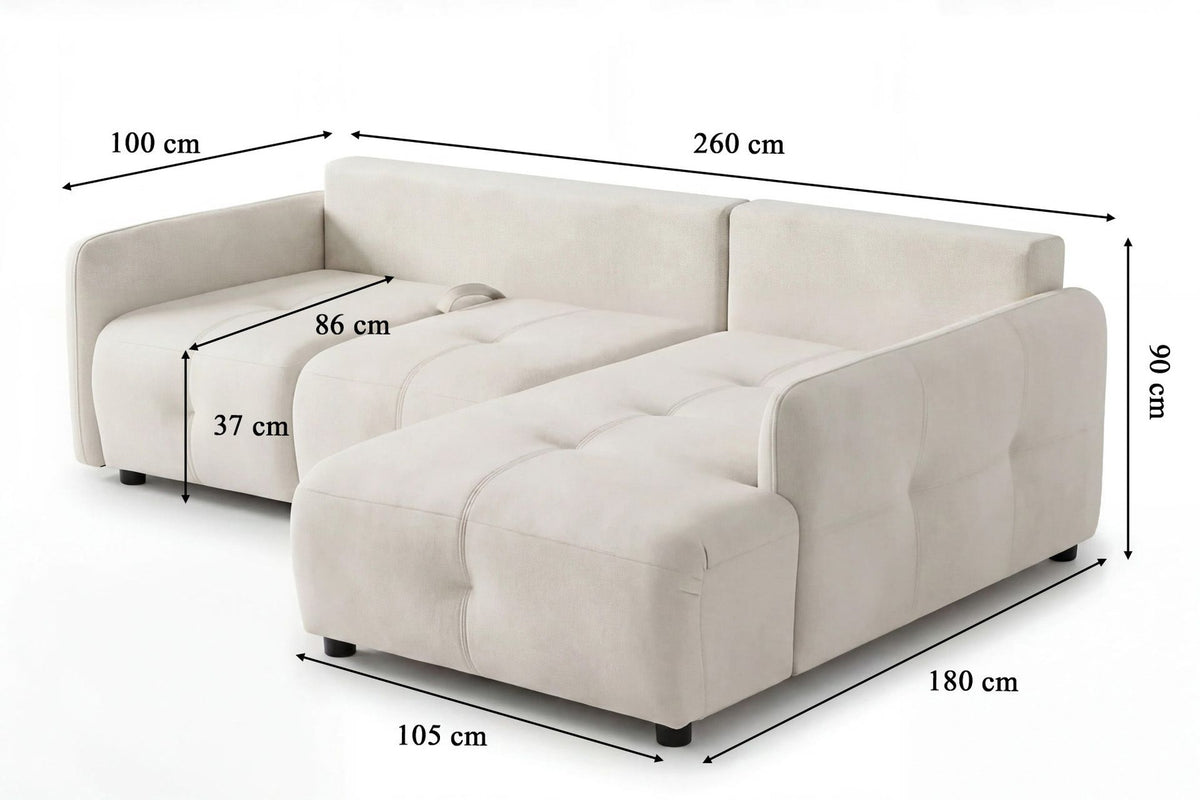 Eck-Schlafsofa rechts in Ecru von Hanah Home mit Polyesterbezug, Buchenholzgestell, Kunststoffbeinen und zwei Zierkissen auf hellem Hintergrund.