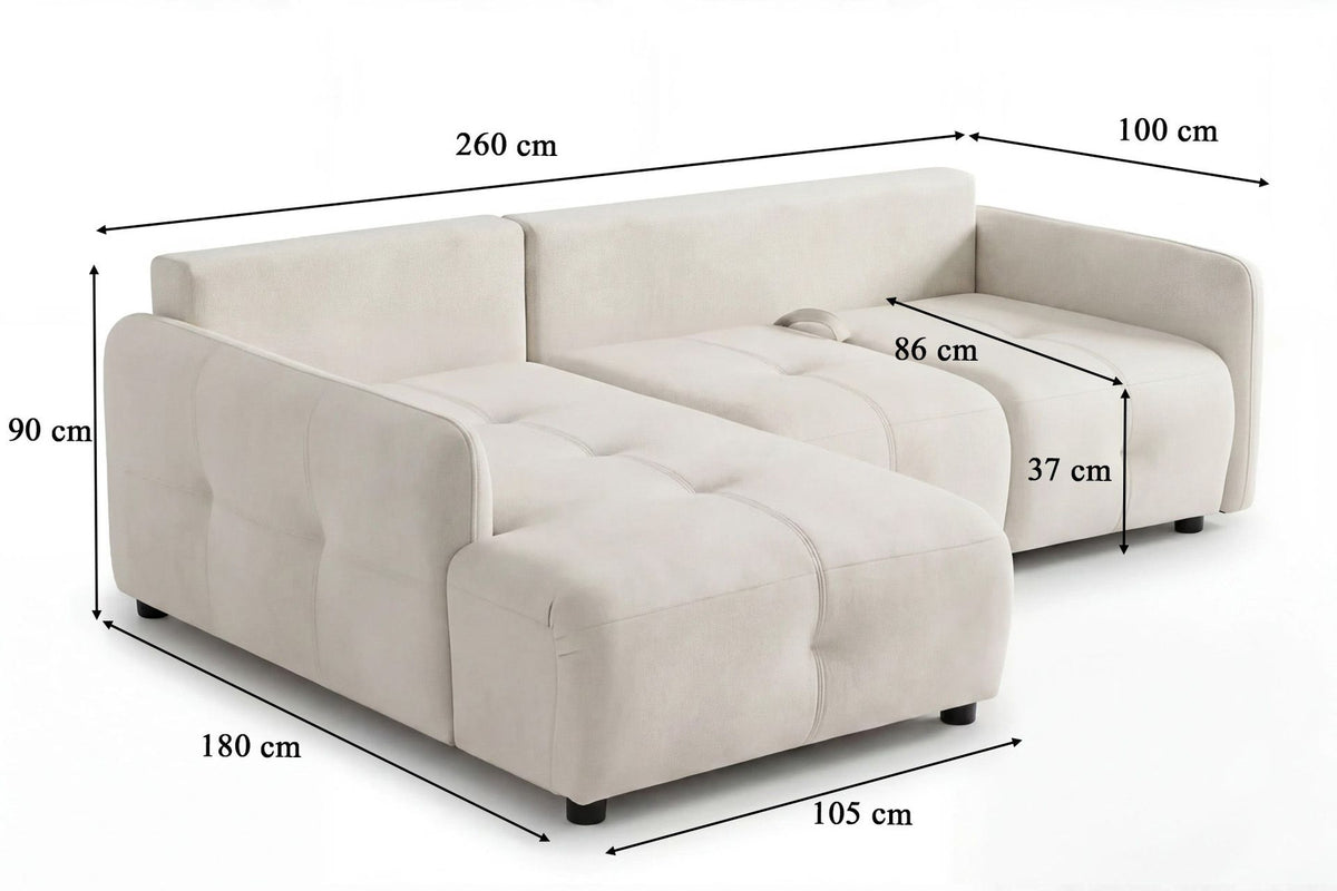Ecrufarbenes Eck-Schlafsofa aus Polyesterstoff mit Buchenholzgestell, Kunststoffbeinen und Staufach unter der Sitzfläche.