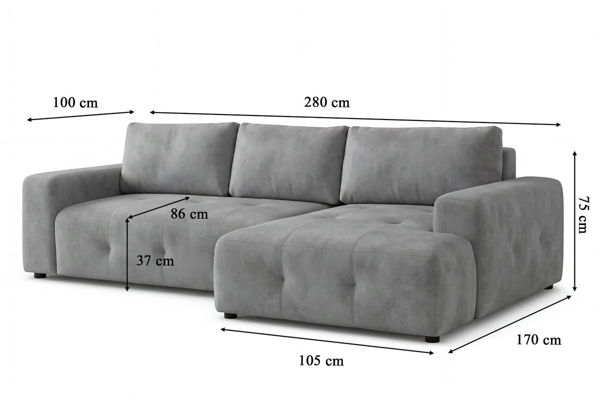 Graues Eck-Schlafsofa Magnum von Hanah Home aus Polyesterstoff mit Buchenholzgestell, rechts ausgerichtet, inklusive zwei Kissen.