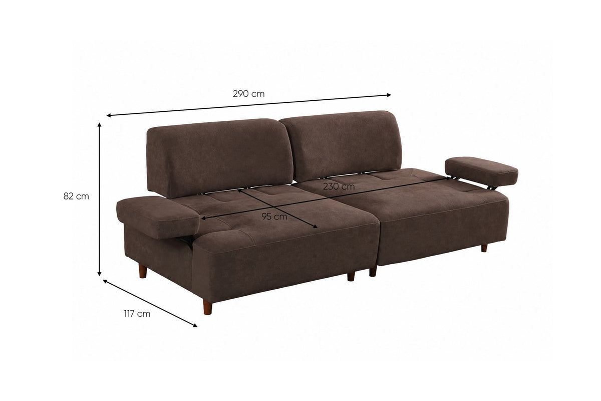 Braunes 3-Sitzer-Sofa Madlen von Hanah Home mit Polyesterbezug, Buchenholzgestell, hohen Kunststoffbeinen und zwei losen Kissen.