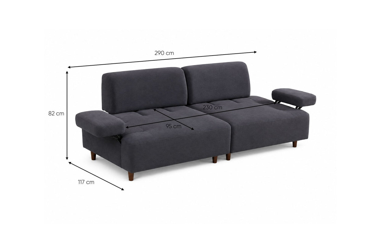 Petrolblaues 3-Sitzer-Sofa Madlen mit Polyesterbezug, hohen Kunststoffbeinen und geradliniger Form, Gestell aus Buchenholz und Spanplatte.