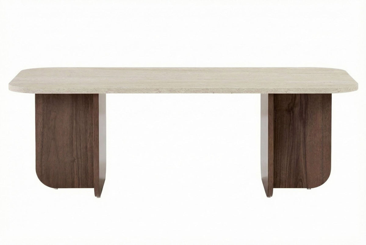 Couchtisch Akira von Nordure in Travertin und Venezia-Walnuss, rechteckige Form, Spanplatte mit Melaminbeschichtung, 120x60x41 cm.