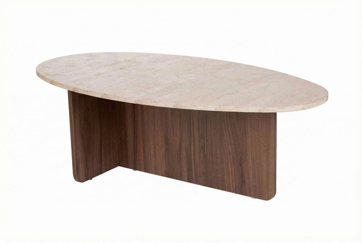 Rechteckiger Couchtisch aus melaminbeschichteter Spanplatte in Travertin-Optik mit Venezia-Nussbaum-Farbton, schlichte moderne Form.