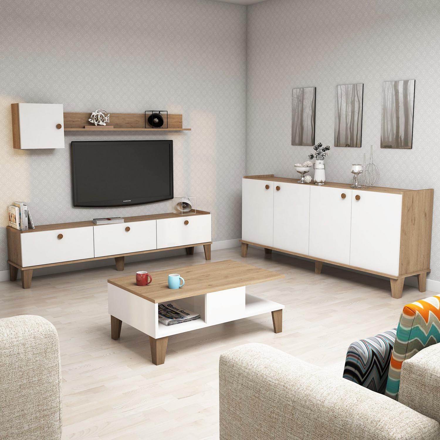Sumer 3 in Eiche Weiss präsentiert im Onlineshop von KAQTU Design AG. Wohnzimmerset ist von Hanah Home