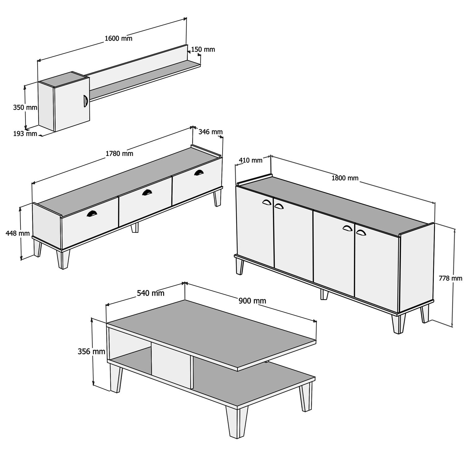 Sumer 3 in Eiche Weiss präsentiert im Onlineshop von KAQTU Design AG. Wohnzimmerset ist von Hanah Home