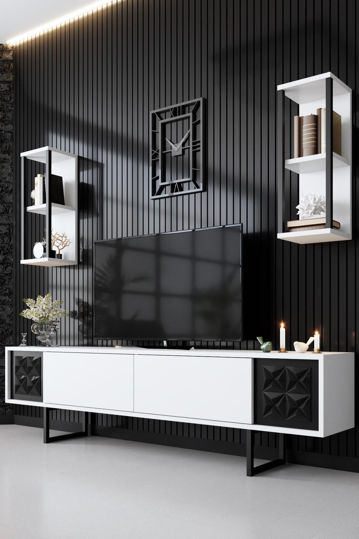 Black Line - White, Black in Weiss Schwarz präsentiert im Onlineshop von KAQTU Design AG. TV-Möbel ist von Hanah Home