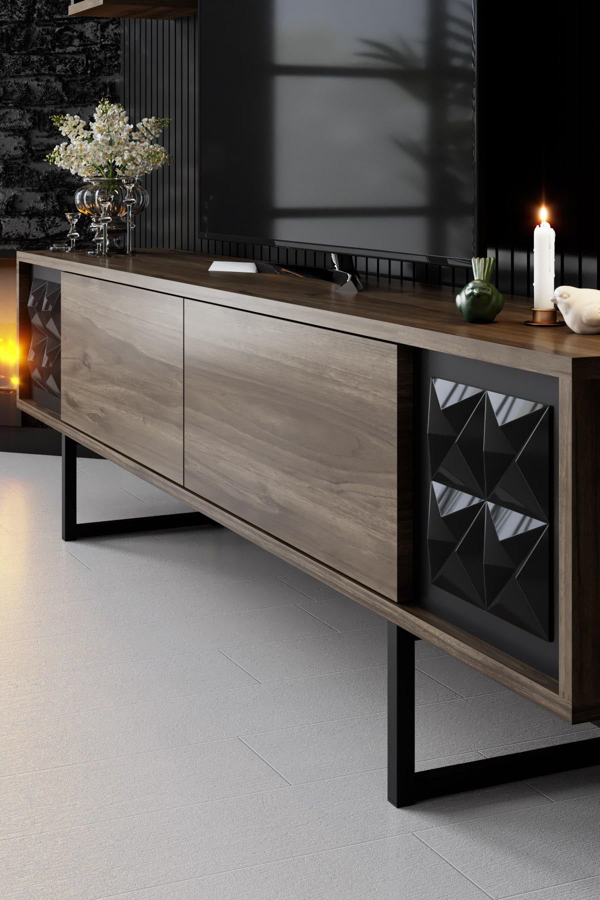 Black Line - Walnut, Black in Walnuss Schwarz präsentiert im Onlineshop von KAQTU Design AG. TV-Möbel ist von Hanah Home