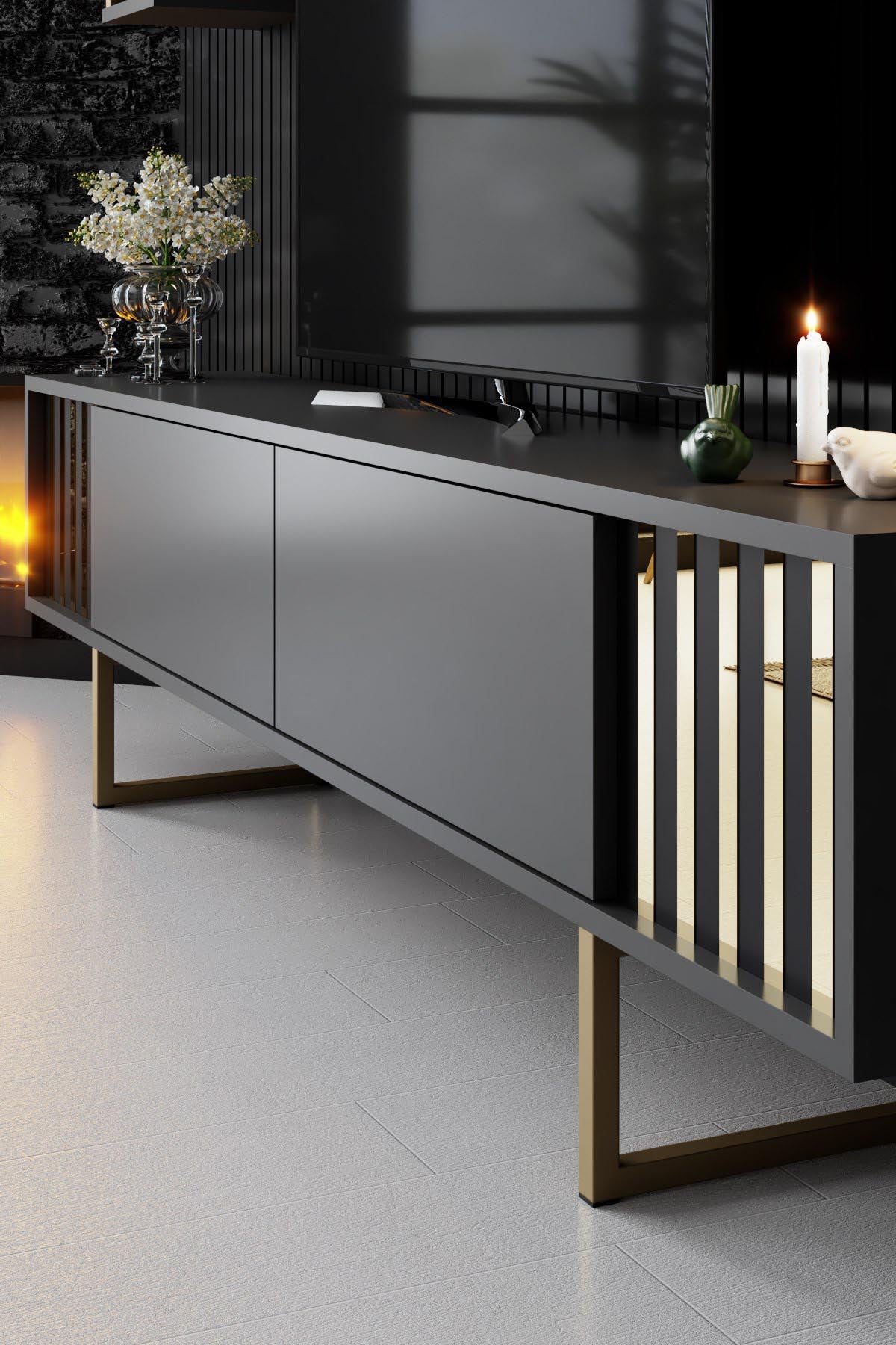 Gold Line - Anthracite, Black in Anthrazit Schwarz präsentiert im Onlineshop von KAQTU Design AG. TV-Möbel ist von Hanah Home