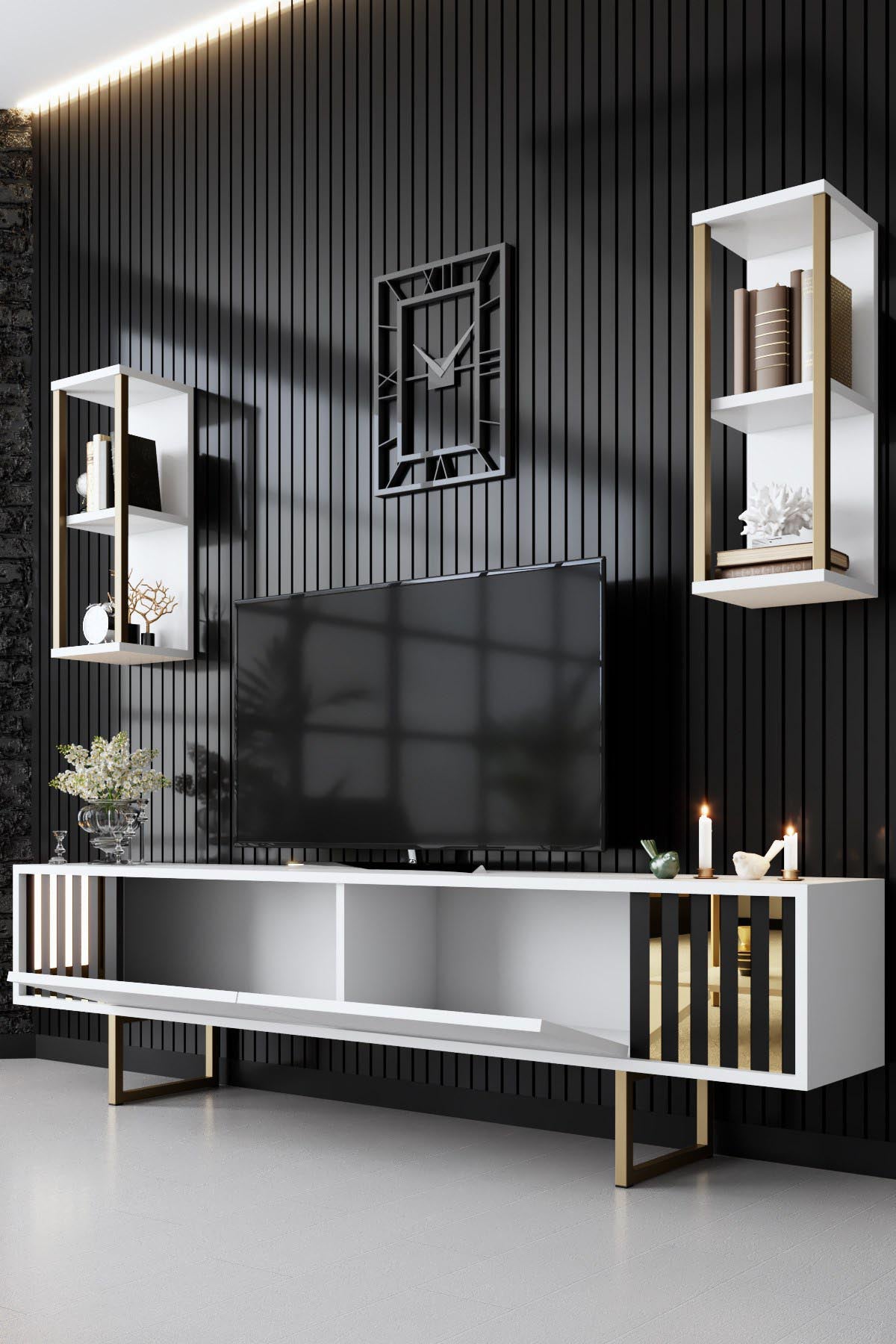 Gold Line - White, Black in Weiss Schwarz präsentiert im Onlineshop von KAQTU Design AG. TV-Möbel ist von Hanah Home