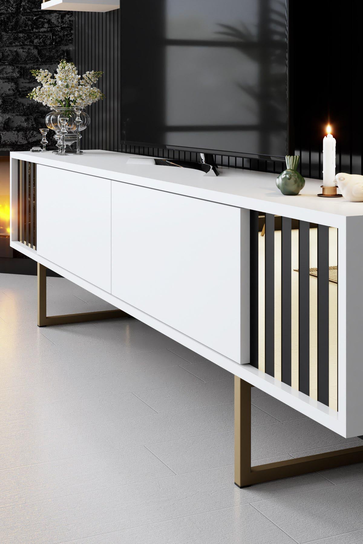 Gold Line - White, Black in Weiss Schwarz präsentiert im Onlineshop von KAQTU Design AG. TV-Möbel ist von Hanah Home