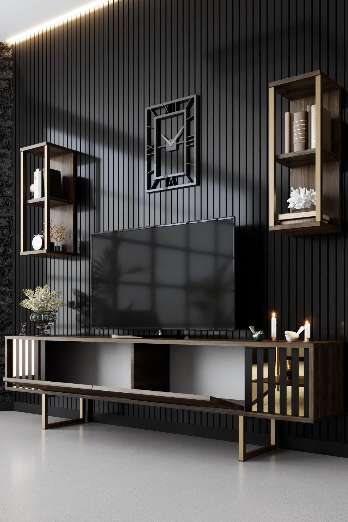 Gold Line - Walnut, Black in Walnuss Schwarz präsentiert im Onlineshop von KAQTU Design AG. TV-Möbel ist von Hanah Home