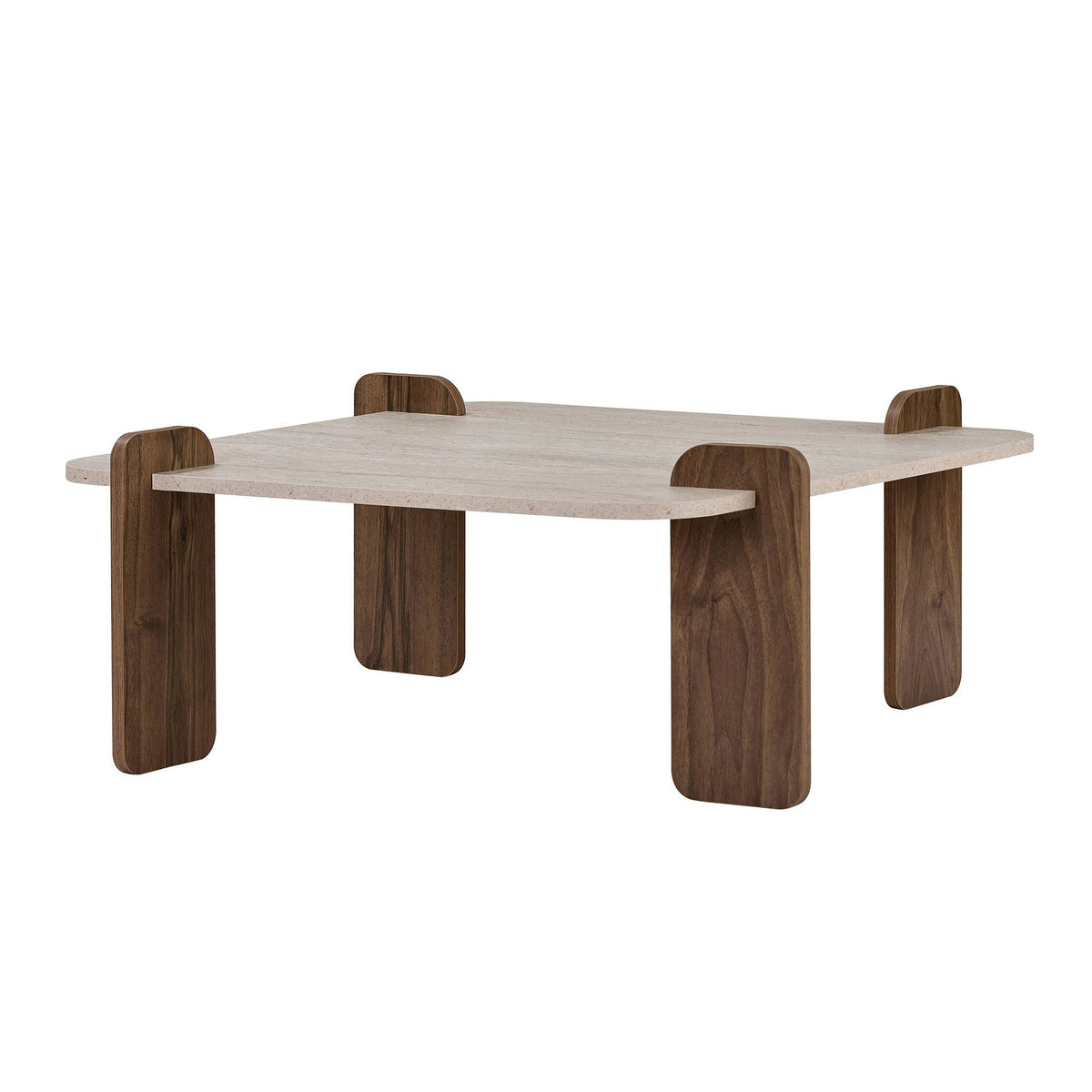 Couchtisch mit Tischplatte in Travertin-Optik und Untergestell in Venezia-Nussbaum-Optik aus melaminbeschichteter Spanplatte, 117 x 117 x 35 cm.