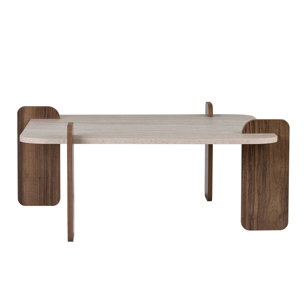 Couchtisch mit Tischplatte in Travertin-Optik und Untergestell in Venezia-Nussbaum-Optik aus melaminbeschichteter Spanplatte, 117 x 117 x 35 cm.